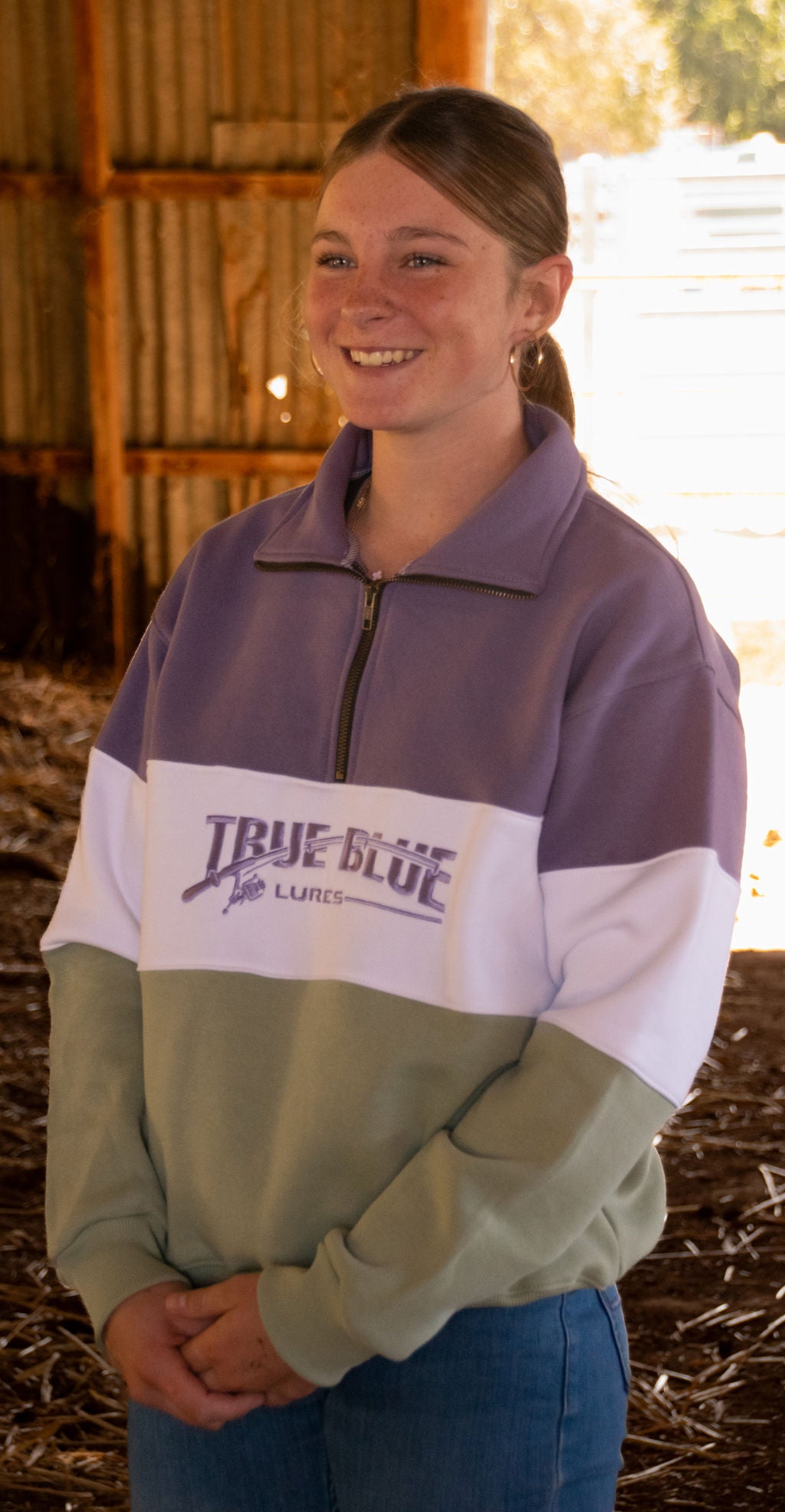TRUE BLUE LURES QUARTER ZIP JUMPER - PURPLE/GREEN