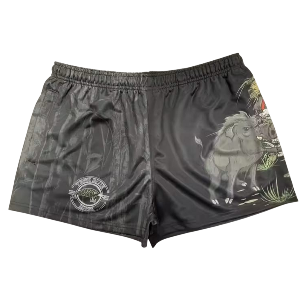 TRUE BLUE LURES FOOTY SHORT WITH ZIP POCKETS - PIG HUNTING CAMO