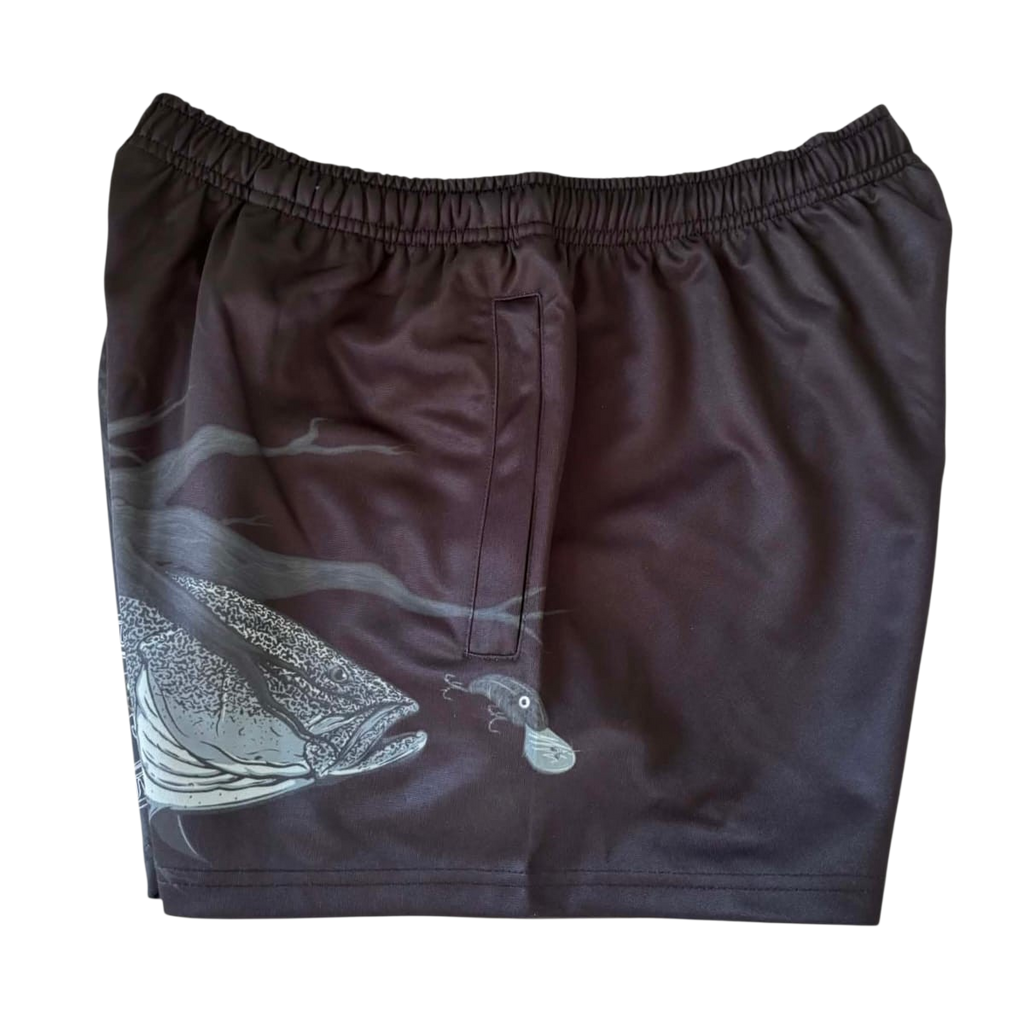 TRUE BLUE LURES FOOTY SHORT WITH ZIP POCKETS - MURRAY COD CAMO