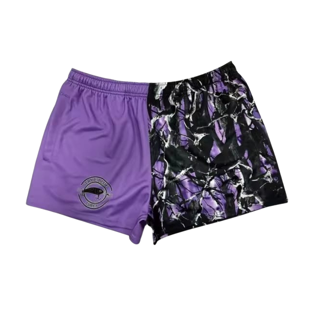 TRUE BLUE LURES FOOTY SHORT WITH ZIP POCKETS - PURPLE CAMO
