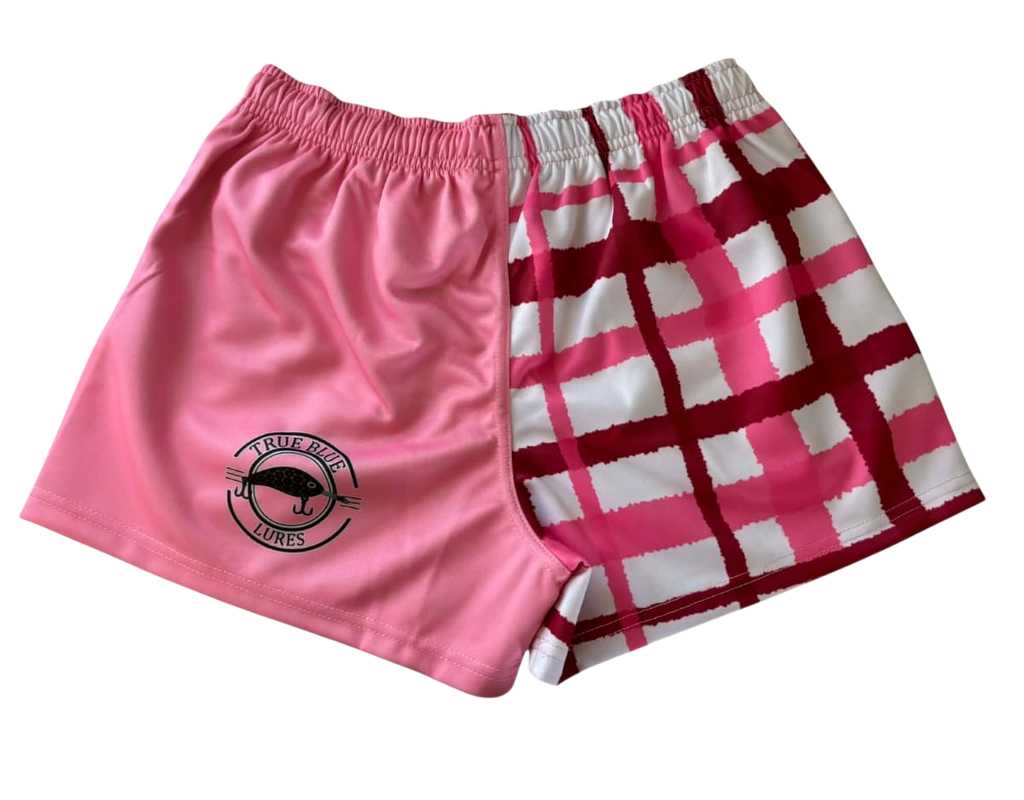 TRUE BLUE LURES KIDS FOOTY SHORT WITH ZIP POCKETS - PINK PLAID