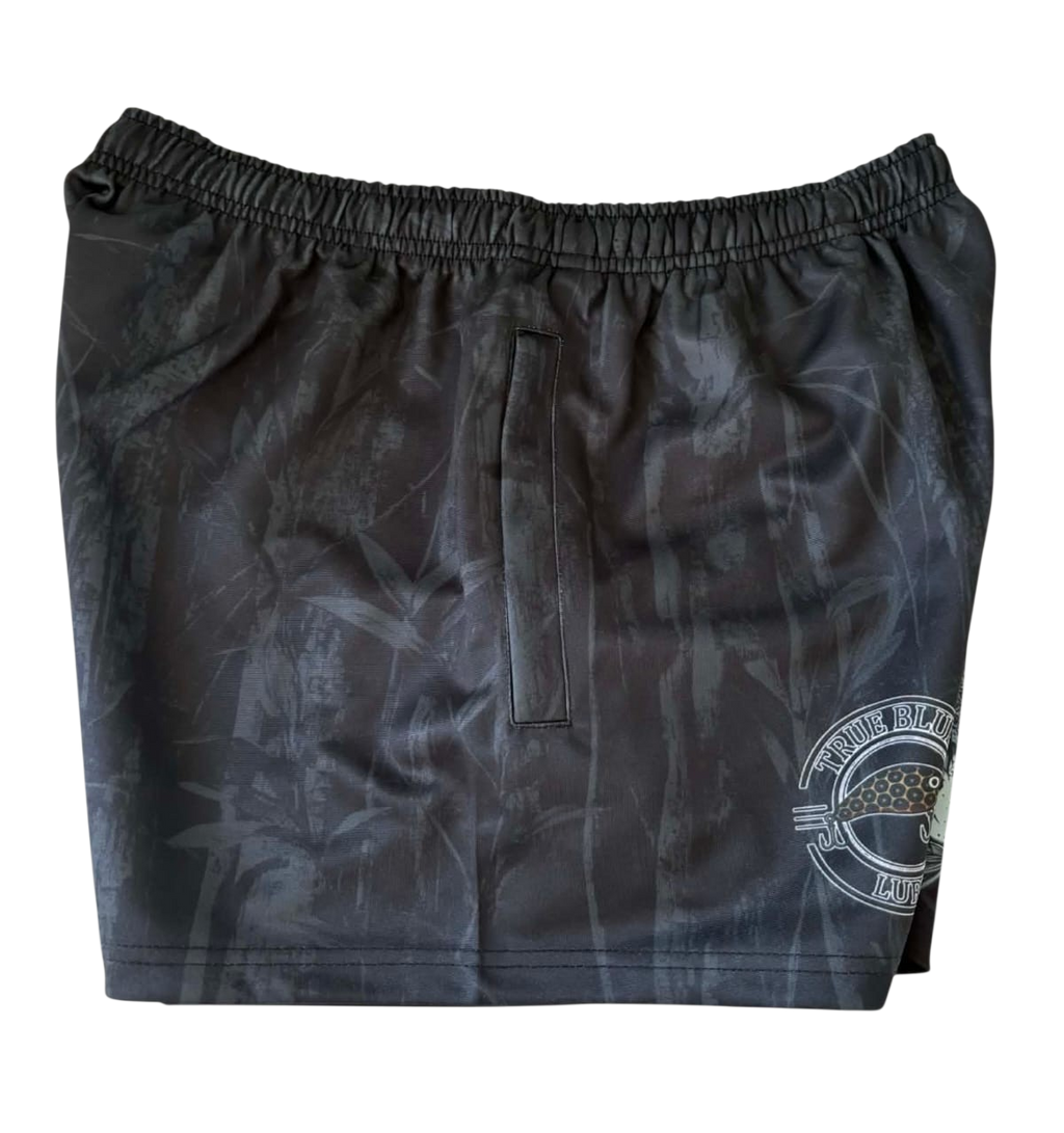 TRUE BLUE LURES FOOTY SHORT WITH ZIP POCKETS - MURRAY COD CAMO
