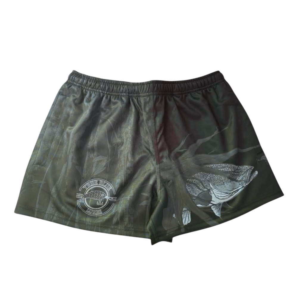 TRUE BLUE LURES FOOTY SHORT WITH ZIP POCKETS - MURRAY COD CAMO