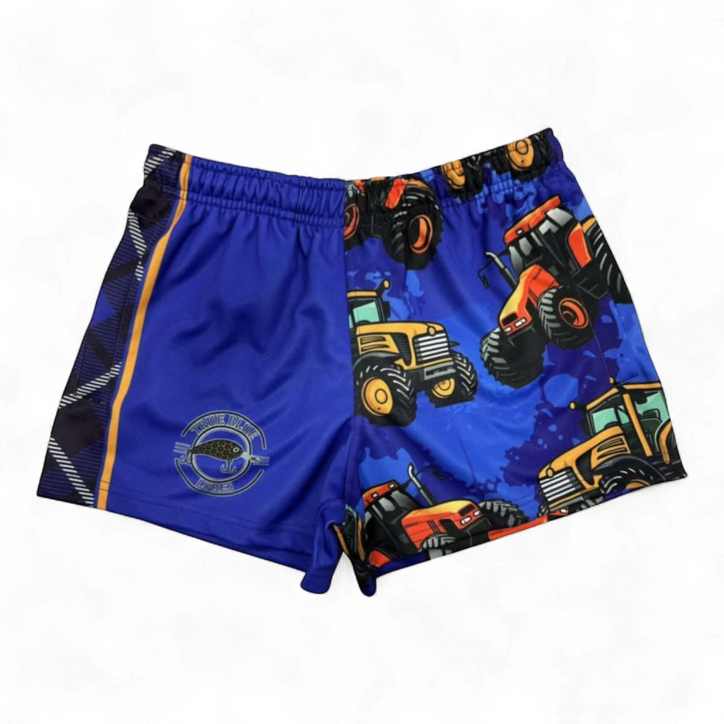 TRUE BLUE LURES FOOTY SHORT WITH ZIP POCKETS - TRACTORS