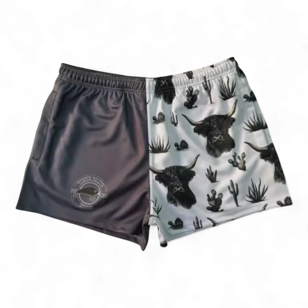 TRUE BLUE LURES FOOTY SHORT WITH ZIP POCKETS - HIGHLAND COW