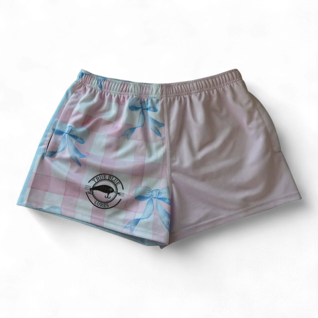 TRUE BLUE LURES FOOTY SHORT WITH ZIP POCKETS - PINK BOWS