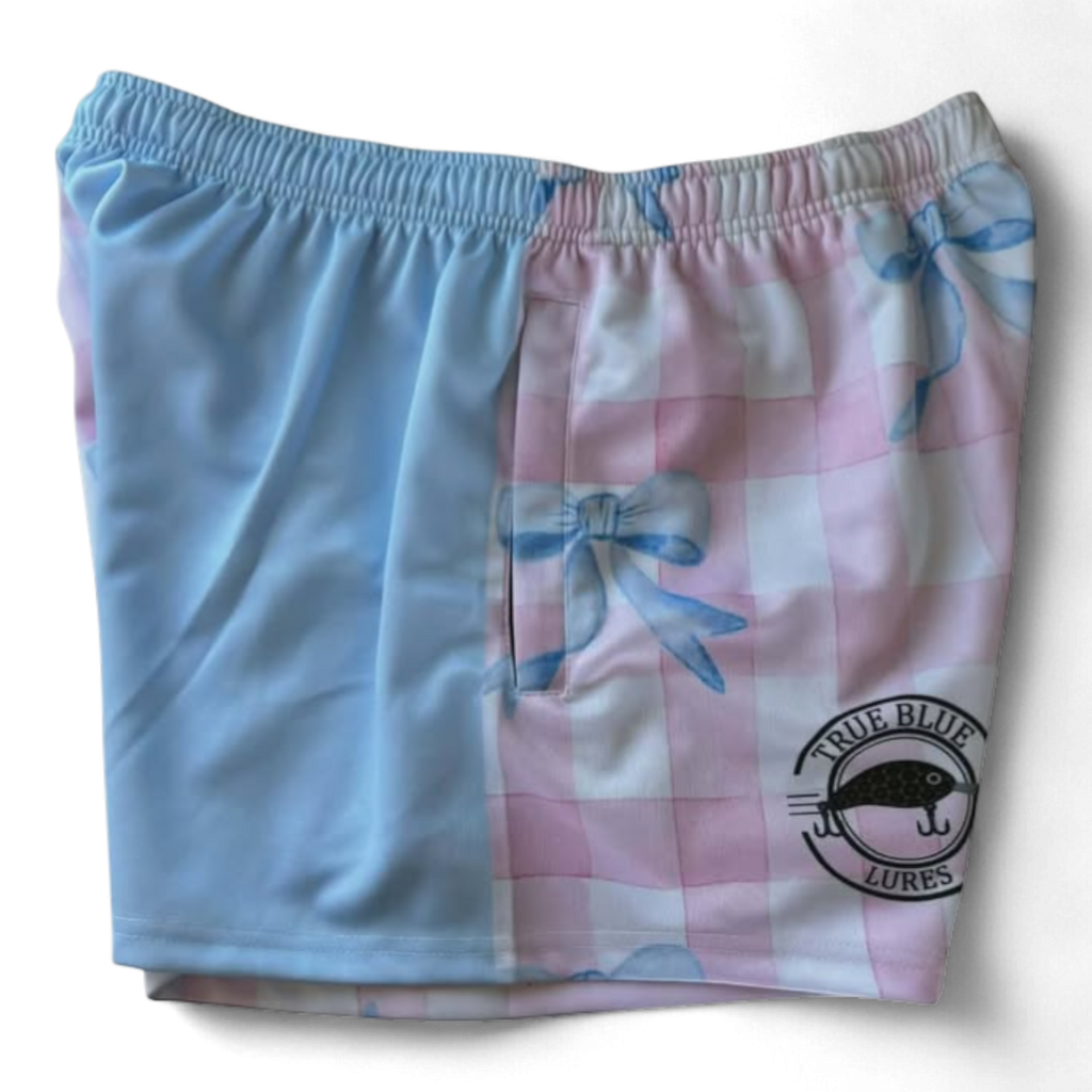 TRUE BLUE LURES FOOTY SHORT WITH ZIP POCKETS - PINK BOWS
