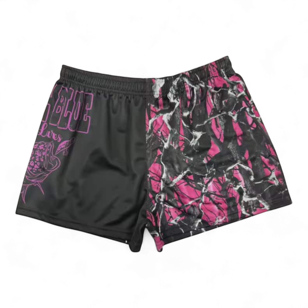 TRUE BLUE LURES FOOTY SHORT WITH ZIP POCKETS - PINK CAMO