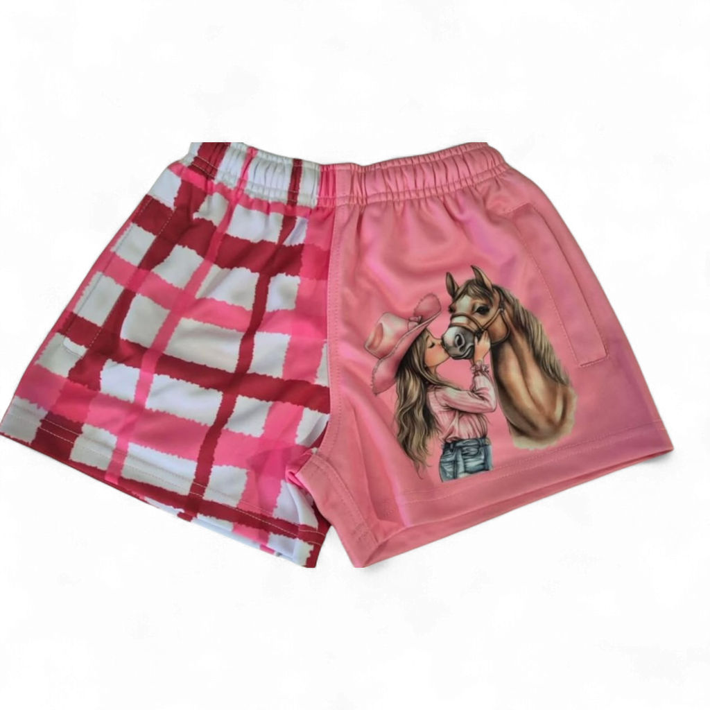 TRUE BLUE LURES FOOTY SHORT WITH ZIP POCKETS - PINK PLAID