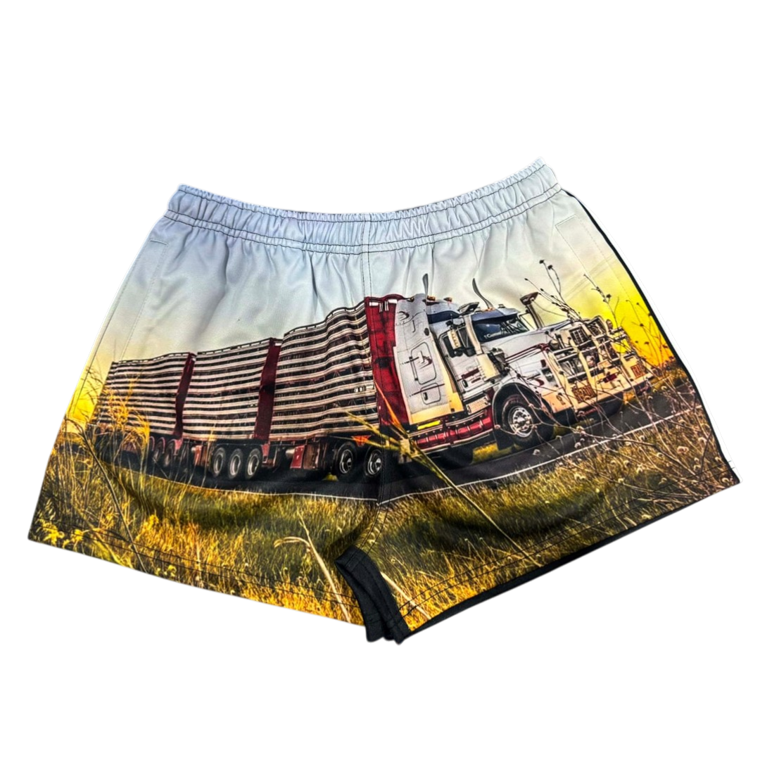 TRUE BLUE LURES FOOTY SHORT WITH ZIP POCKETS - SHEEP TRUCK