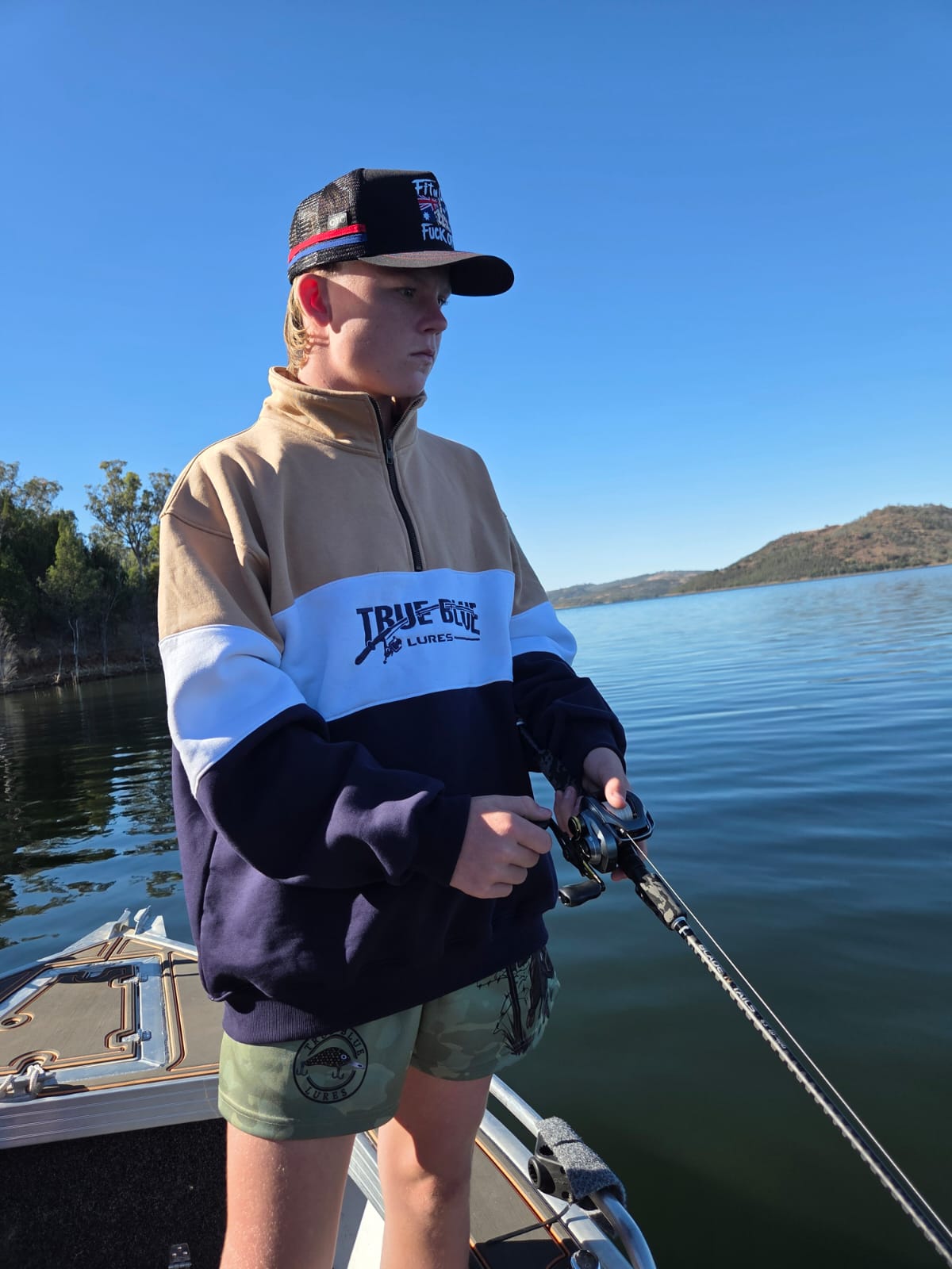 TRUE BLUE LURES QUARTER ZIP JUMPER - TAN/NAVY BLUE