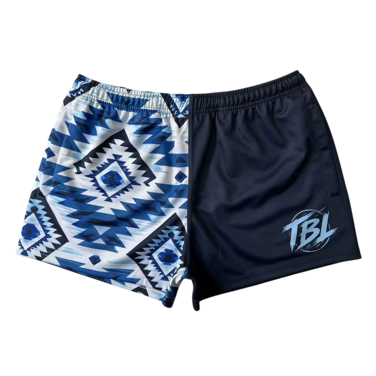 TRUE BLUE LURES FOOTY SHORT WITH ZIP POCKETS - BLUE AZTEC