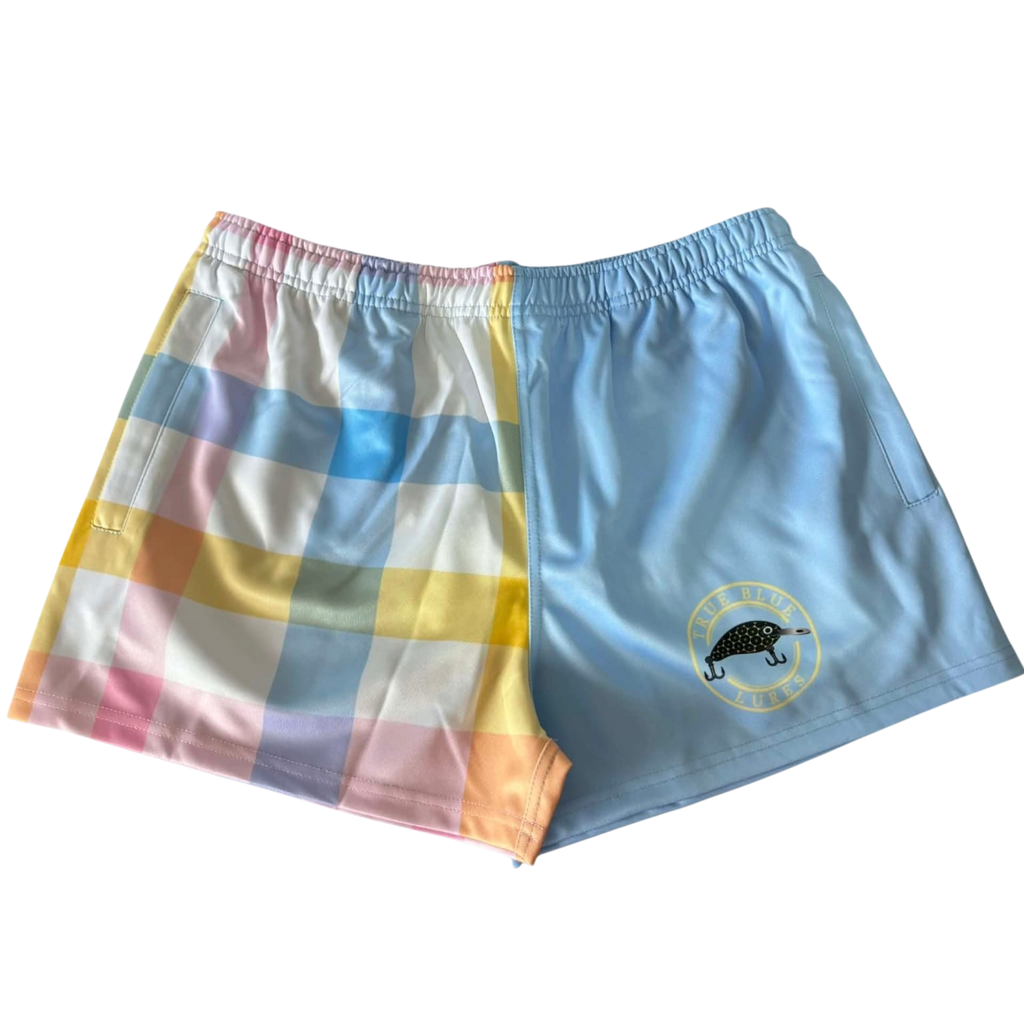 TRUE BLUE LURES FOOTY SHORT WITH ZIP POCKETS - BLUE PLAID