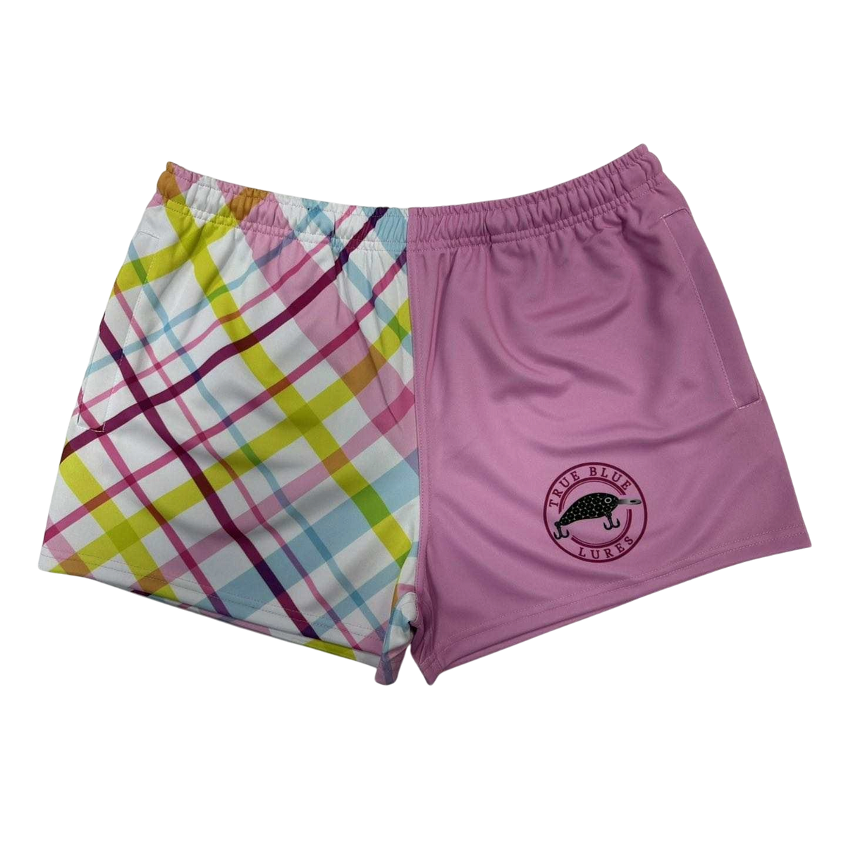 TRUE BLUE LURES FOOTY SHORT WITH ZIP POCKETS - PINK PLAID